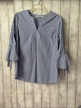 Signature Collection Striped Bell-Sleeve V-Neck Top - Blue and White
